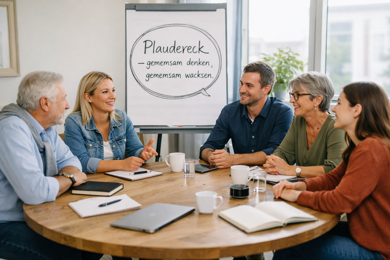 „Sechs Menschen im Gespräch an einem runden Tisch in heller Umgebung – symbolischer Austausch im Arbeitskreis. Flipchart mit Aufschrift ‚Plaudereck – gemeinsam denken, gemeinsam wachsen‘ im Hintergrund. Bild steht für offene Kommunikation, Selbsthilfe und kollegialen Austausch.“