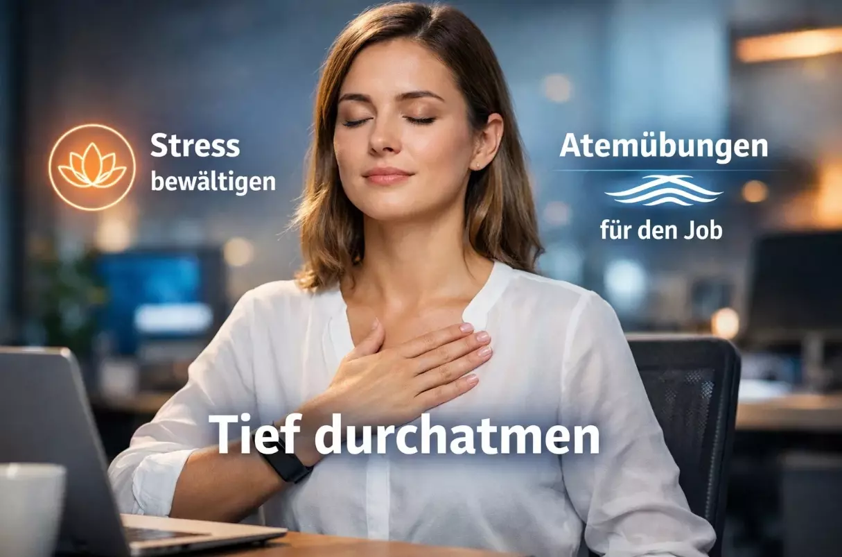 Atemübungen gegen Stress im Job – Frau atmet bewusst zur Entspannung und mentalen Stabilisierung am Arbeitsplatz
