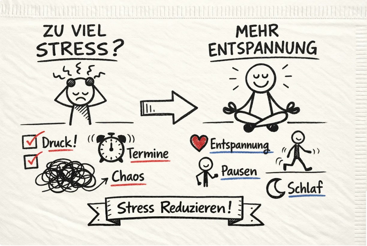 Infografik zum Thema Leistungsdruck reduzieren und Alltagsstress senken durch Entspannung, Bewegung, Pausen und gesunden Schlaf. Infografik zum Thema Leistungsdruck reduzieren und Alltagsstress senken durch Entspannung, Bewegung, Pausen und gesunden Schlaf.