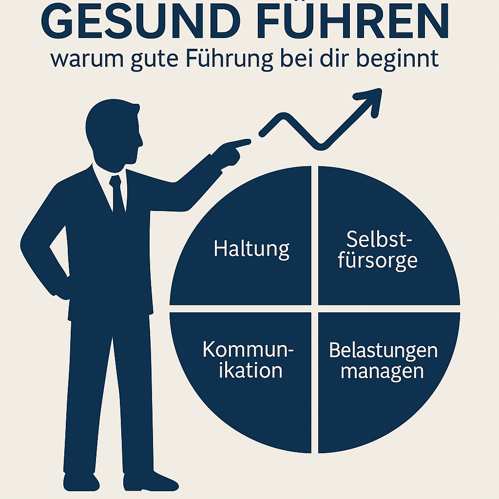 Grafik mit zentraler Figur und vier Elementen gesunder Führung: Haltung, Selbstfürsorge, Kommunikation und Belastungsmanagement – visuelle Darstellung ganzheitlicher Führungsansätze