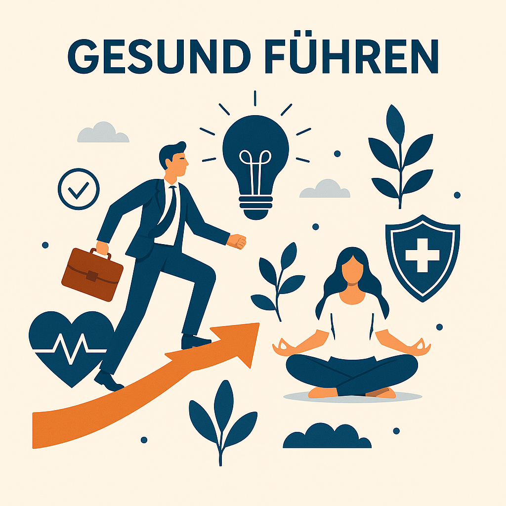 Illustration mit männlicher Führungskraft auf Fortschrittspfeil und meditierender Frau als Symbol für Balance zwischen Leistung und innerer Stärke in der Führung.