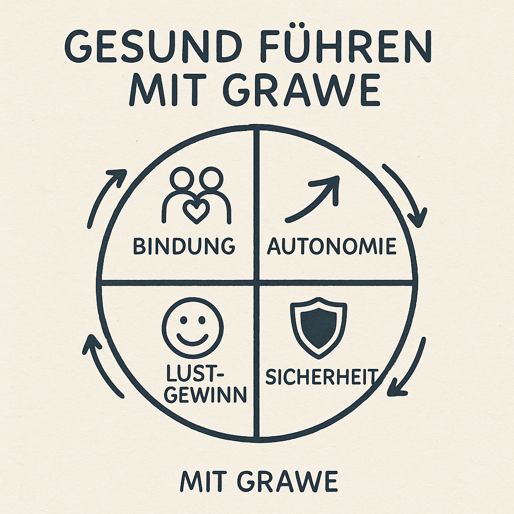 Grafik zum GRAWE-Modell mit den vier psychologischen Grundbedürfnissen: Bindung, Autonomie, Sicherheit, Lustgewinn