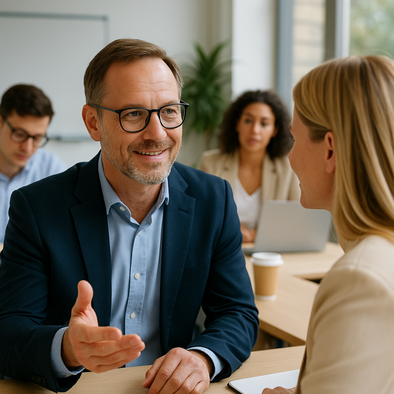 Realistisches Foto eines Führungskräfte-Meetings mit emotionaler Verbindung – symbolisiert Bindung, Autonomie und Sicherheit im Sinne des GRawe-Modells für gesunde Arbeitsbeziehungen.